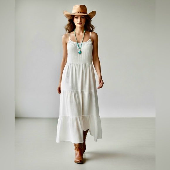 Princess Polly Dresses & Skirts - Princess Polly Ricci Ivory Boho Prairie Spaghetti Strap Tiered Maxi Dress 8